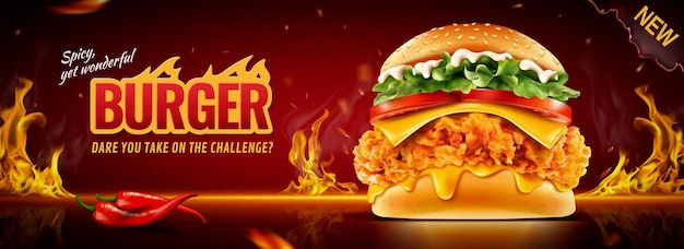Banner pubblicitari di hamburger di pollo fritto caldo con effetto fuoco ardente in illustrazione 3d