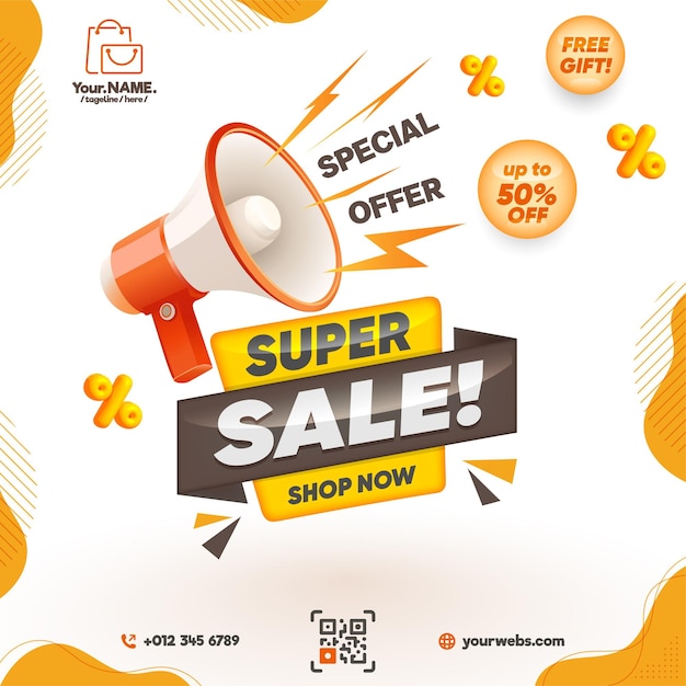 Banner quadrato colorato di Super Sale con testo promozionale e illustrazione in stile 3D