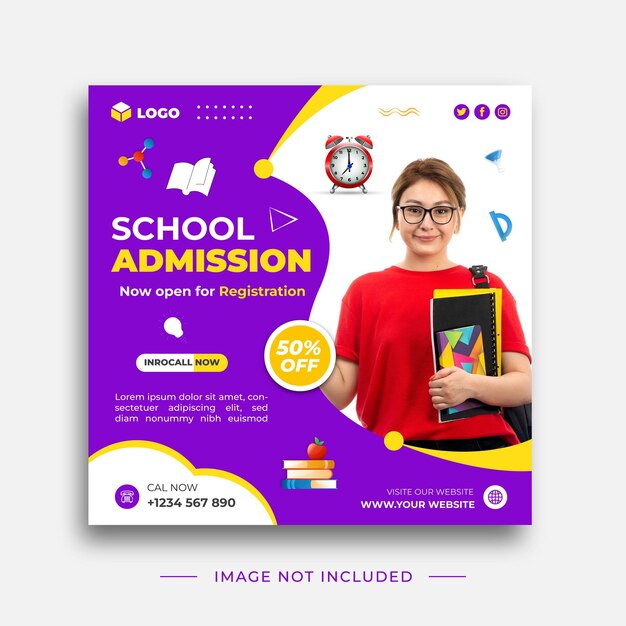 Banner quadrato di ammissione scolastica Adatto per il design dei social media backtoschool