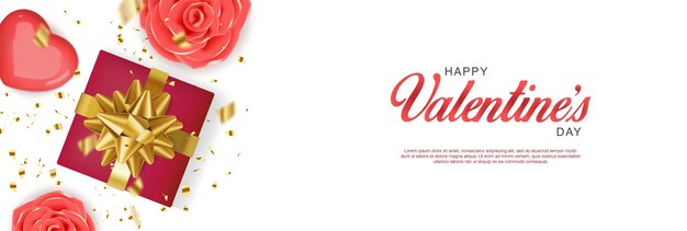 Banner realistico di San Valentino con scatola regalo rossa, rose, cuori e coriandoli