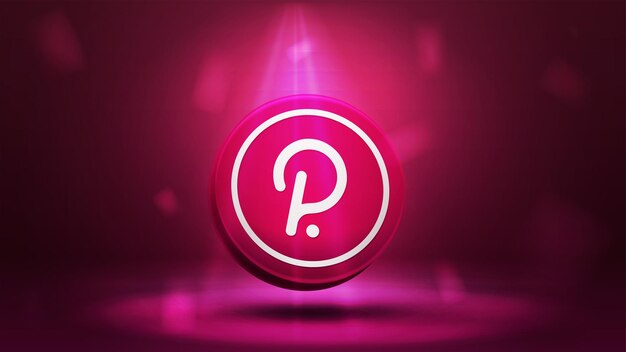 Banner rosa con Polkadot Cryptocurrency su uno sfondo scuro e sfocato Poster di criptovaluta digitale