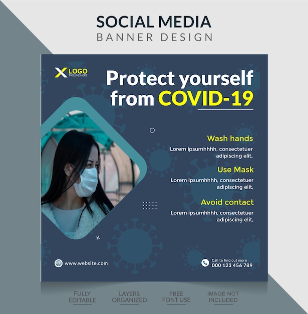 Banner sanitario con progettazione di post sui social media per la prevenzione dei virus