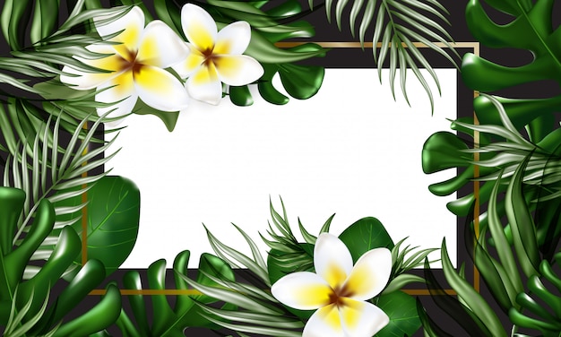 Banner tropicale con foglie di palma, monstera, fiori di plumeria, coriandoli, cornice dorata e spazio per il testo. Sfondo estivo per eventi, festa estiva di mezzanotte, inviti di nozze.