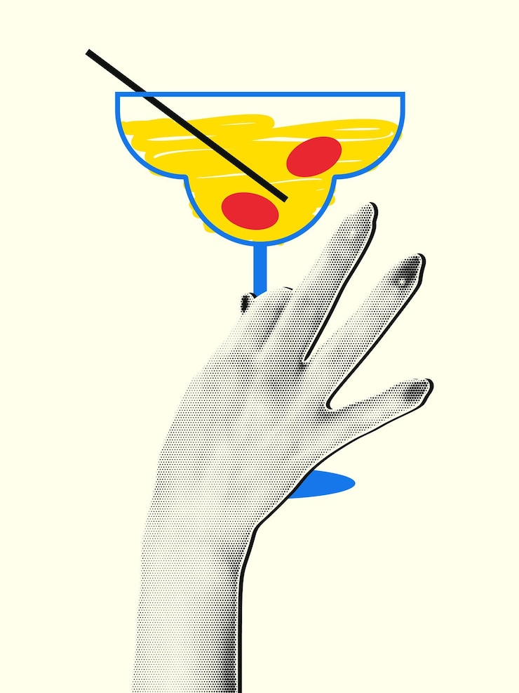 Vettore banner vacanziero verticale in stile collage retro una mano di donna con un effetto a mezza tonalità tiene un bicchiere di cocktail