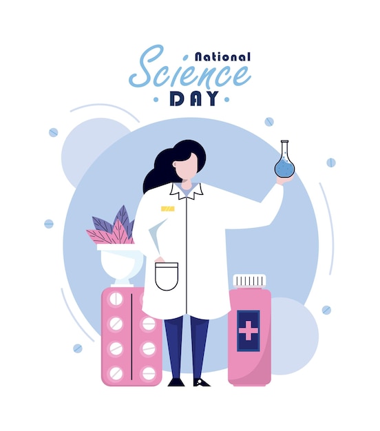 Banner vettoriale della giornata nazionale della scienza, medico donna poster
