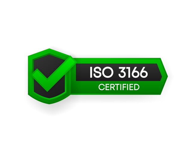 Banner vettoriale verde certificato ISO 3166. Etichetta di certificazione piatta isolata su sfondo bianco. Concetto di sicurezza alimentare. Illustrazione vettoriale.