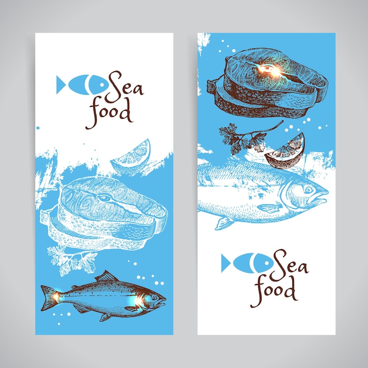 Vettore banner vettoriali di frutti di mare con schizzo disegnato a mano set di sfondo del mare menu design