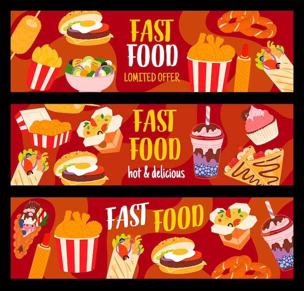 Banner vettoriali orizzontali per fast food e dessert