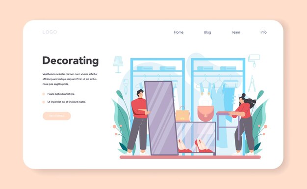 Banner web decoratore negozio di abbigliamento o pianificazione designer pagina di destinazione