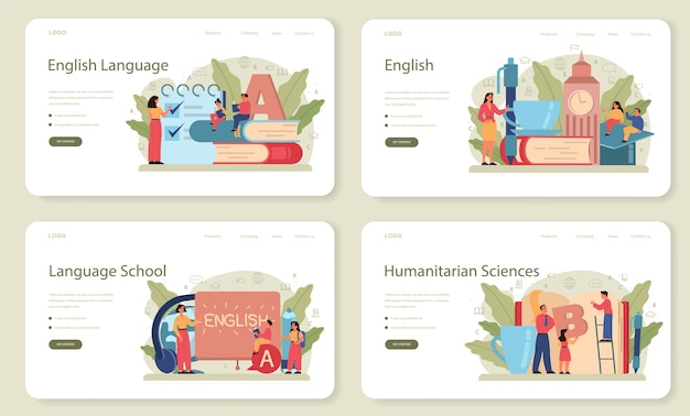 Banner web di classe inglese o set di pagine di destinazione. Studia le lingue straniere a scuola o all'università. Idea di comunicazione globale. Studio del vocabolario straniero.