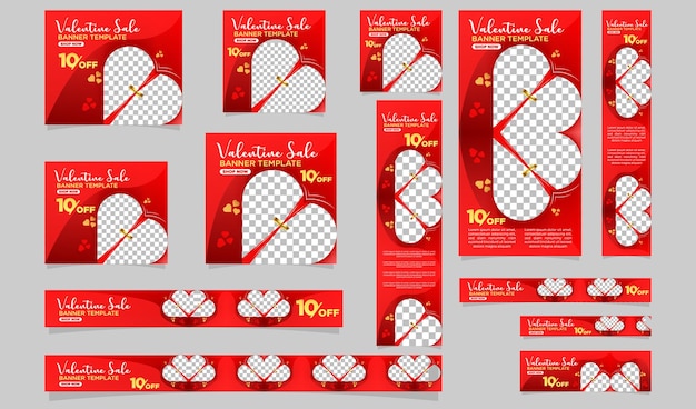 Banner web di vendita di San Valentino con cuore a nastro cuore e percentuale di sconto nei colori rosso e oro
