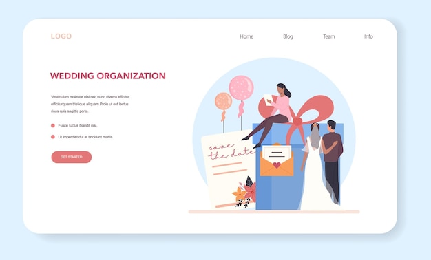 Banner web di wedding planner o pagina di destinazione. Organizzatore professionista che pianifica un evento di matrimonio.