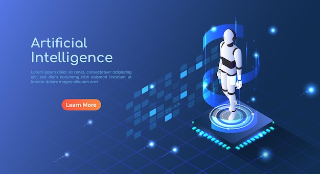 Banner web isometrico 3D Ai Robot che galleggia sul circuito del chip del computer. Pagina di destinazione del concetto di intelligenza artificiale e apprendimento automatico.