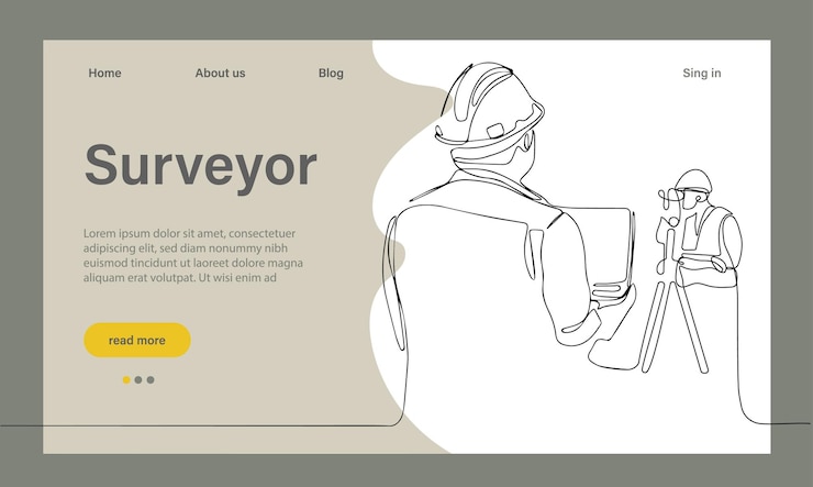 Vettore banner web o pagina di destinazione per geometri tecnologia topografica, scienza della geodesia attività di costruzione