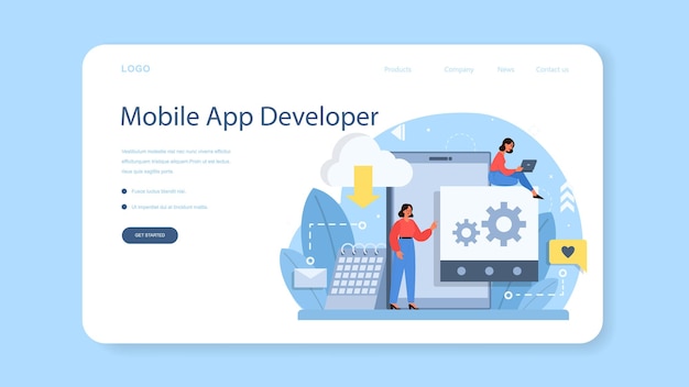 Banner web o pagina di destinazione per lo sviluppo di app mobili. Tecnologia moderna e design dell'interfaccia dello smartphone. Creazione e programmazione dell'applicazione.