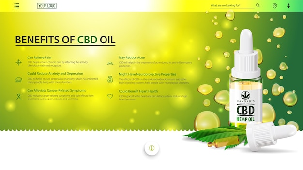 Banner web verde per sito web con bottiglia di vetro di olio di cbd, foglia di canapa e pipetta su gocce di olio.