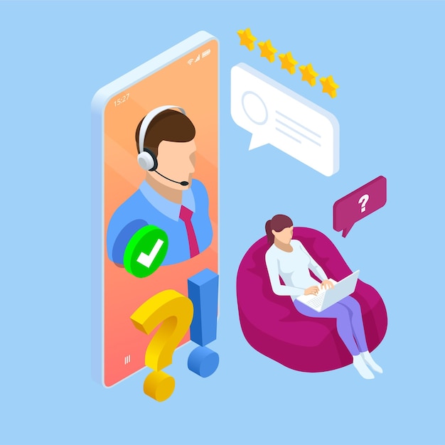 Banner wen isometrico con concetto di supporto online Servizio di supporto guida assistenza guida Navigazione dell'agente del call center