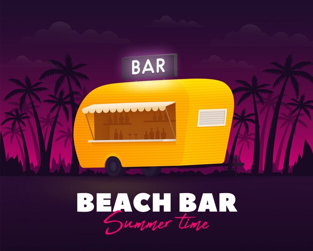 Bar sulla spiaggia, ora legale. Rimorchio bar esterno. Camion spiaggia. Camion giallo.