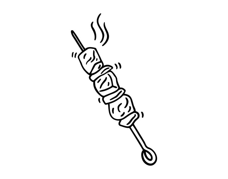 Barbecue in spillo doodle icona disegnata a mano contorno disegno kebab linea clipart simbolo vettore