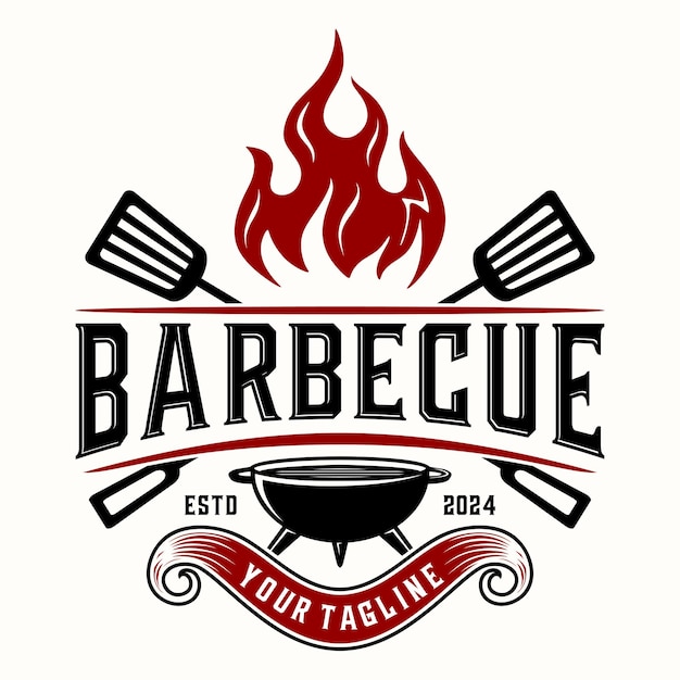 Barbecue logo vintage spatola e griglia per barbecue business vector illustration design