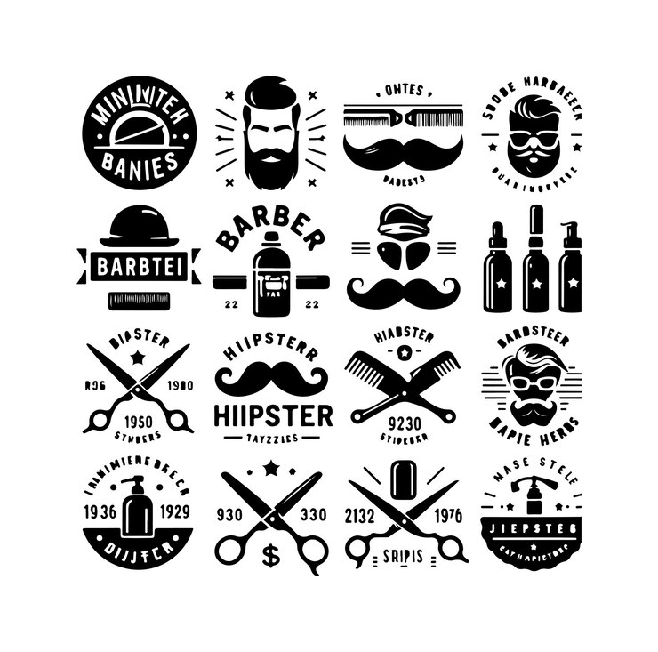 Vettore barbiere hipster logo vintage distintivo forbici per barba rasoio barba riccia vettore dei baffi