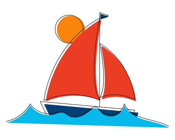 Barca a vela sulle onde con elementi di line art Tema nautico Illustrazione vettoriale su sfondo bianco
