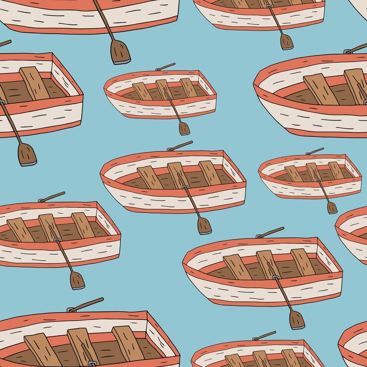 Vettore barca di legno lineare di doodle del fumetto con il modello senza cuciture delle pagaie, fondo.