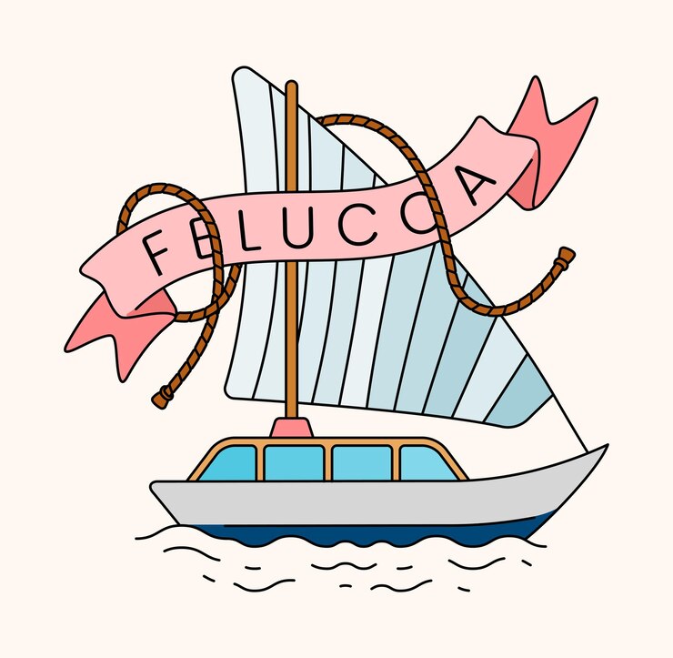 Vettore barca felucca in vela vicino alla spiaggia in stile vintage per disegni a tema di vacanze estive tranquille