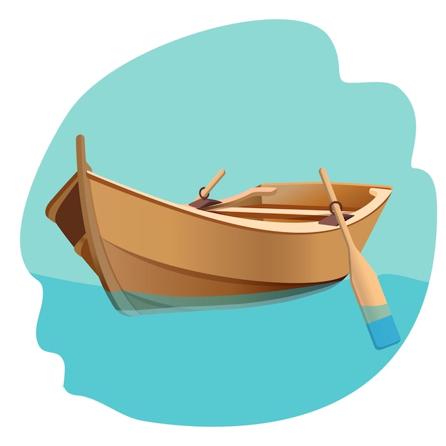 Barca in legno con remi su acqua blu illustrazione vettoriale isolato su bianco. Barca a vela da pescatore con pagaie