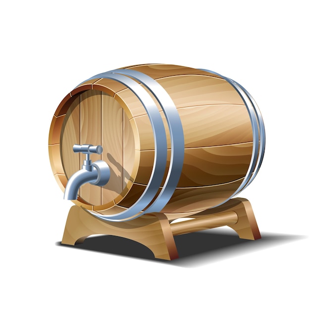 Barile di legno per vino, birra o whisky. Botte realistica in legno di quercia con anelli in rame o ferro, tappo e rubinetto, fusto per rum o cognac isolato su sfondo bianco, clipart vettoriali 3d realistici