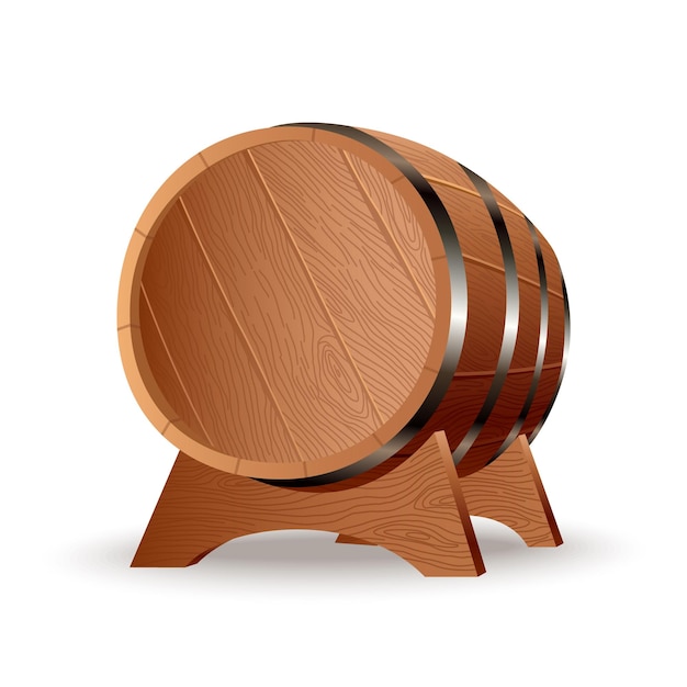 Barile di legno realistico. Botte di quercia isolata con corpo in legno con anelli di ferro sul supporto. Fusto realistico vettoriale per whisky, rum, cognac, vino, birra, kvas o altre bevande.