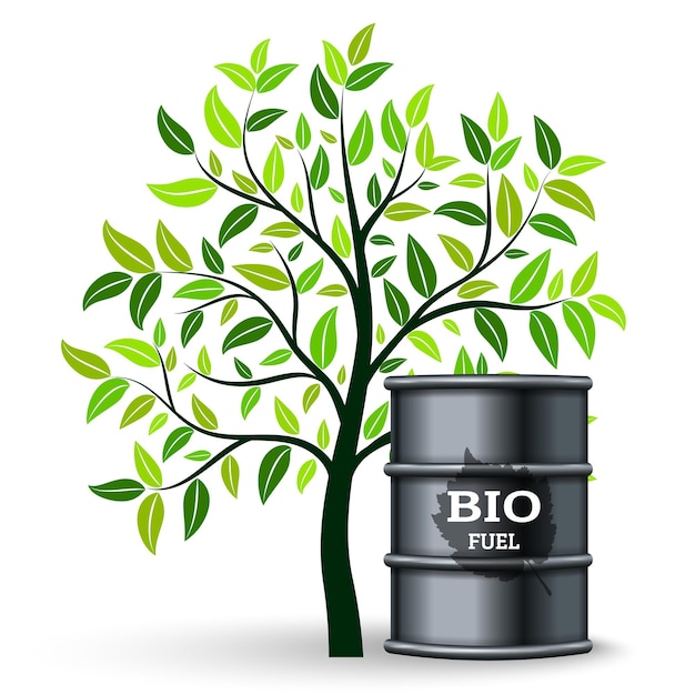 Barile di metallo con biocarburante e albero verde Illustrazione vettoriale