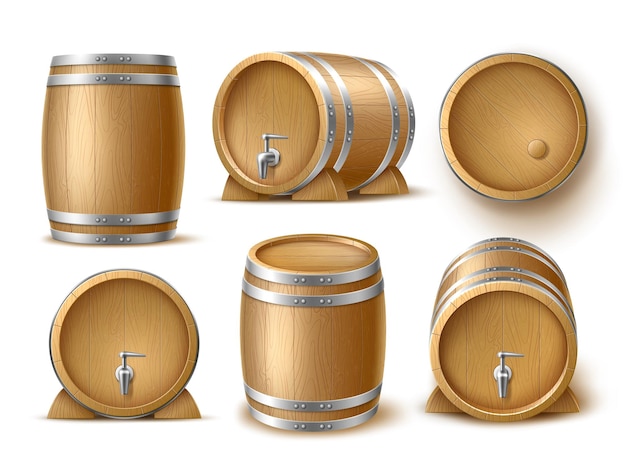 Barili di legno realistici contenitori di alcol isolati 3D birra vino e whisky botti di rovere attrezzature di stoccaggio della cantina diverse angolazioni di visualizzazione bevande alcoliche stoccaggio set vettoriale utter