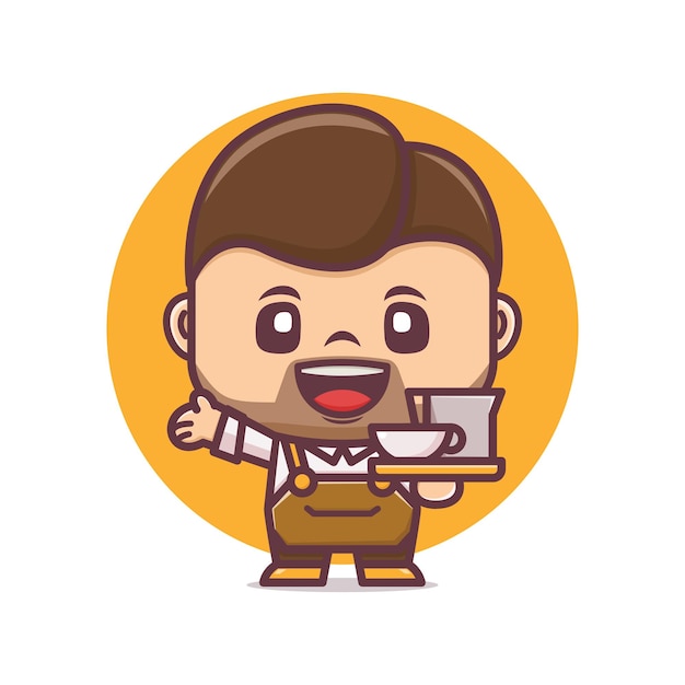 barista caricatura carino mascotte con caffè