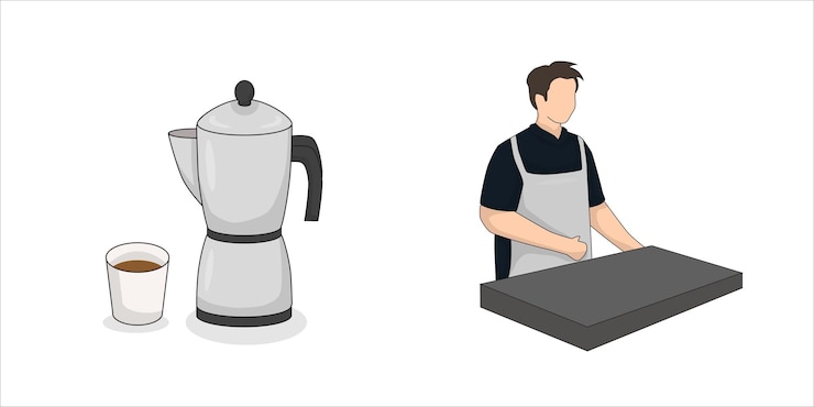 Vettore barista con camicia nera e illustrazione del macinatore di caffè