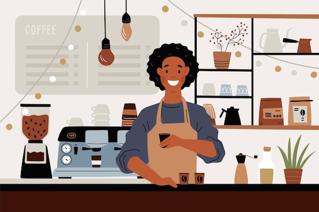 Barista lavora sorridente lavoratore professionista al bancone del bar ragazza felice fa cappuccino o latte bevande tazze e bollitori macchina da caffè preparazione di bevande caffeina concetto vettoriale Garish