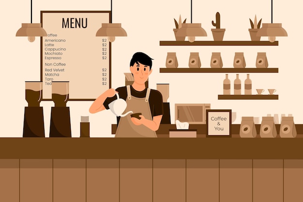 Barista maschio che fa l'illustrazione di vettore del caffè