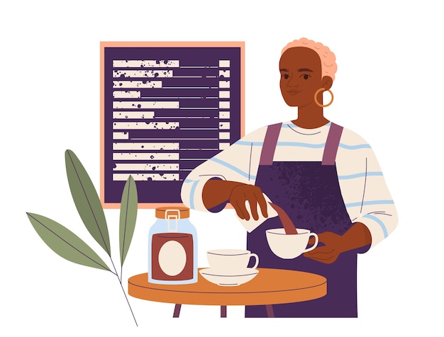 Barista o lavoratore di una caffetteria dipendente di una caffeteria professionale versa caffè caldo nella tazza del personale della caffetteria