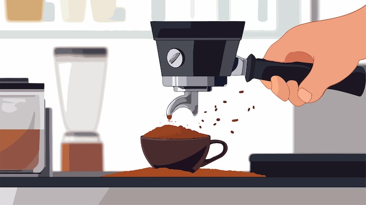 Vettore barista professionista che prepara caffè macinato con precisione