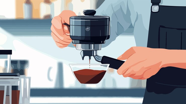 Vettore barista professionista che prepara caffè macinato con precisione