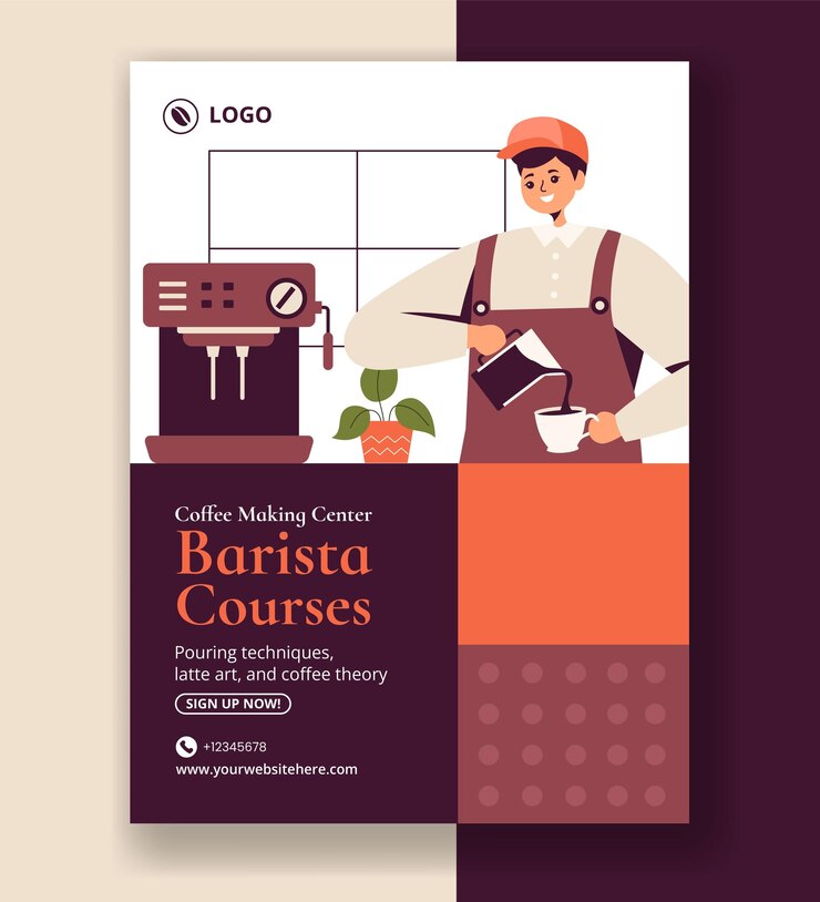 Vettore barista vertical poster flat cartoon template disegnati a mano illustrazione di sfondo