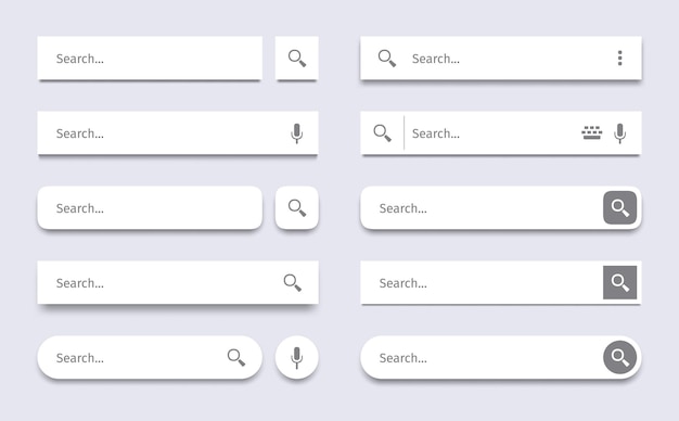 Barra di ricerca. Pannello di ricerca, barre dell'interfaccia utente del sito Web con ombre e set di modelli di caselle di ricerca rapida.