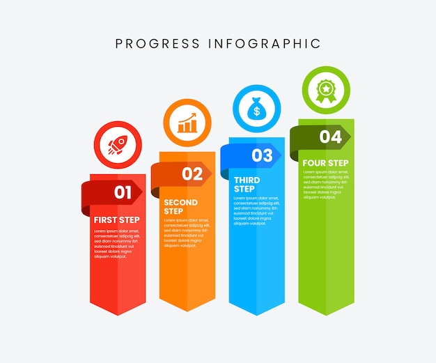 Barre vettoriali infografiche di avanzamento in 4 passaggi con icone
