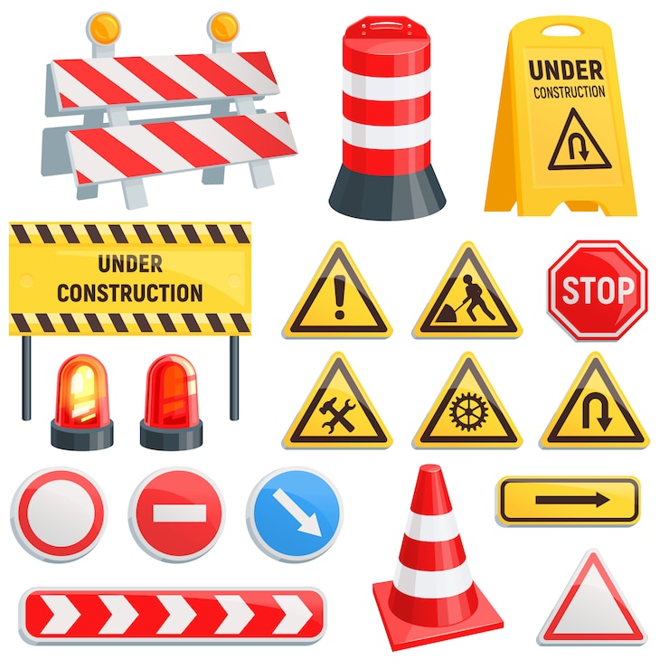 Vettore barriera stradale strada barriera stradale in costruzione blocchi di avvertimento barricata su autostrada illustrazione set di deviazione di blocco stradale e barriera stradale bloccata isolato su sfondo bianco