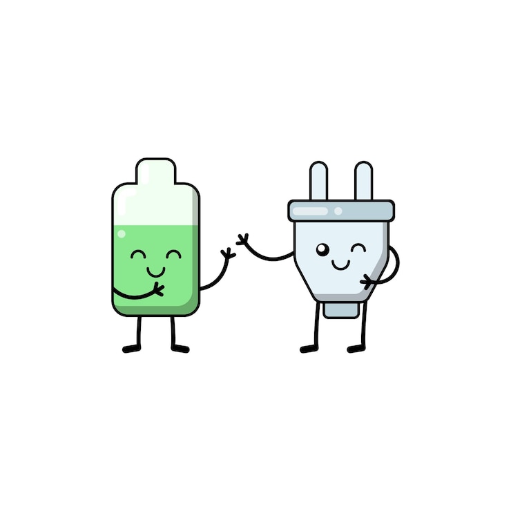 Vettore batteria e presa con eco energia, cartoni animati eco scarabocchi in stile kawaii. salvare il pianeta, la natura.