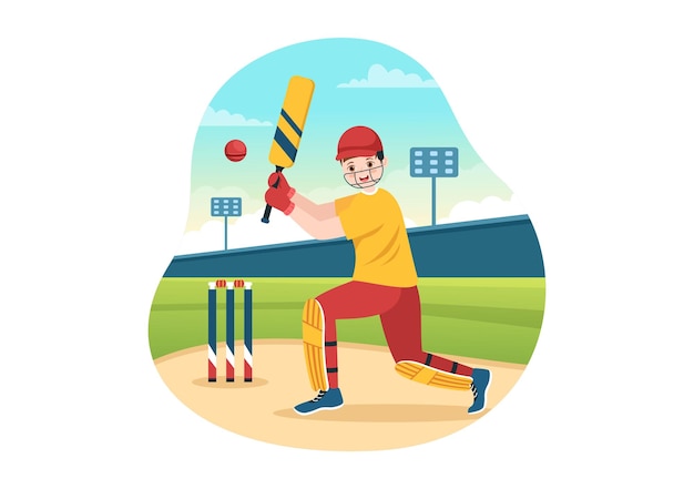 Battitore che gioca a Cricket Sport illustrazione con mazza e palle nel campo in cartone animato disegnato a mano