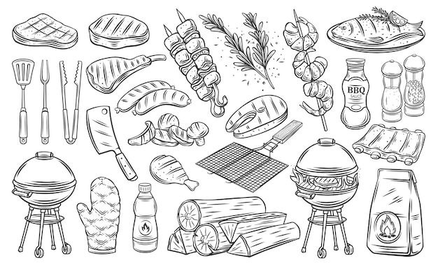 Bbq party outline icons set barbecue grill o picnic salmone alla griglia salsiccia verdure bistecca di carne e...