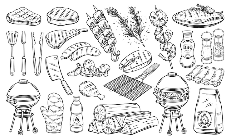 Vettore bbq party outline icons set barbecue grill o picnic salmone alla griglia salsiccia verdure bistecca di carne e...