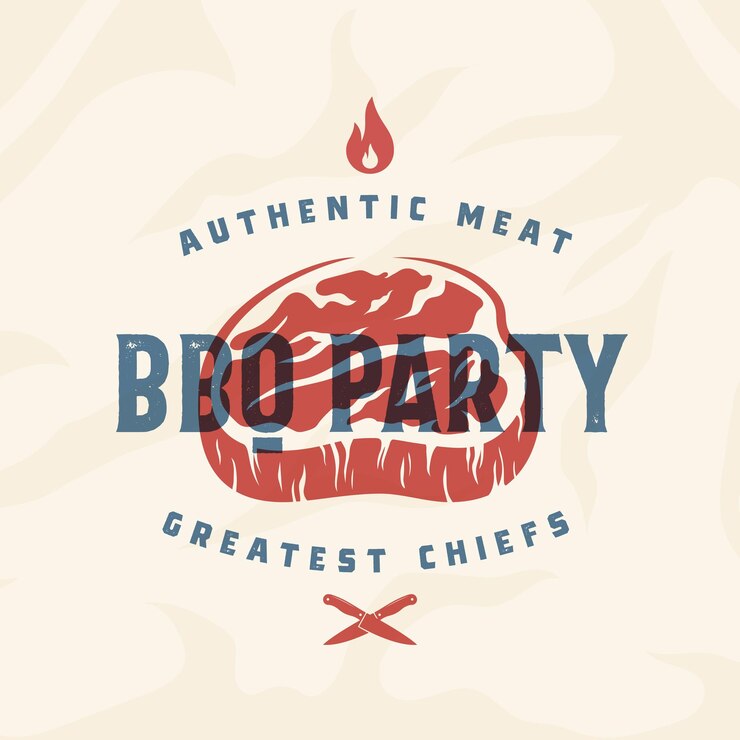 Vettore bbq party vintage vector label card emblema o logo modello tipografia retrò e texture di carne effetto di stampa retrò nei colori blu e rosso bistecca silhouette con coltelli e fuoco