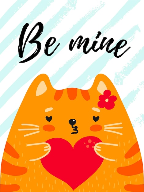 Be Mine biglietto di auguri di san valentino Simpatico gatto rosso con testo a cuore su sfondo a strisce Vector